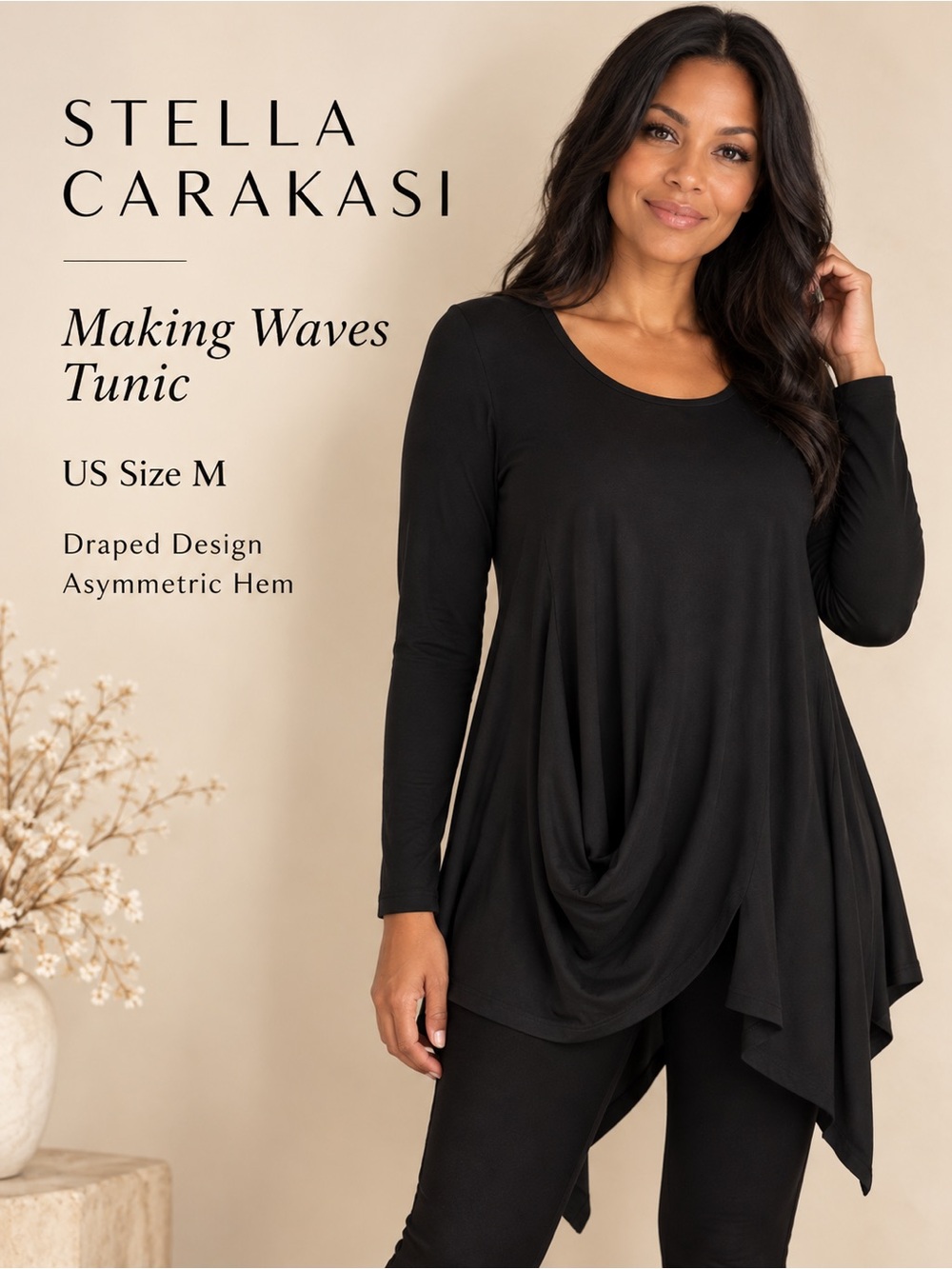 Stella Carakasi Making Waves Black Draped Asymmetrical Tunic Top M